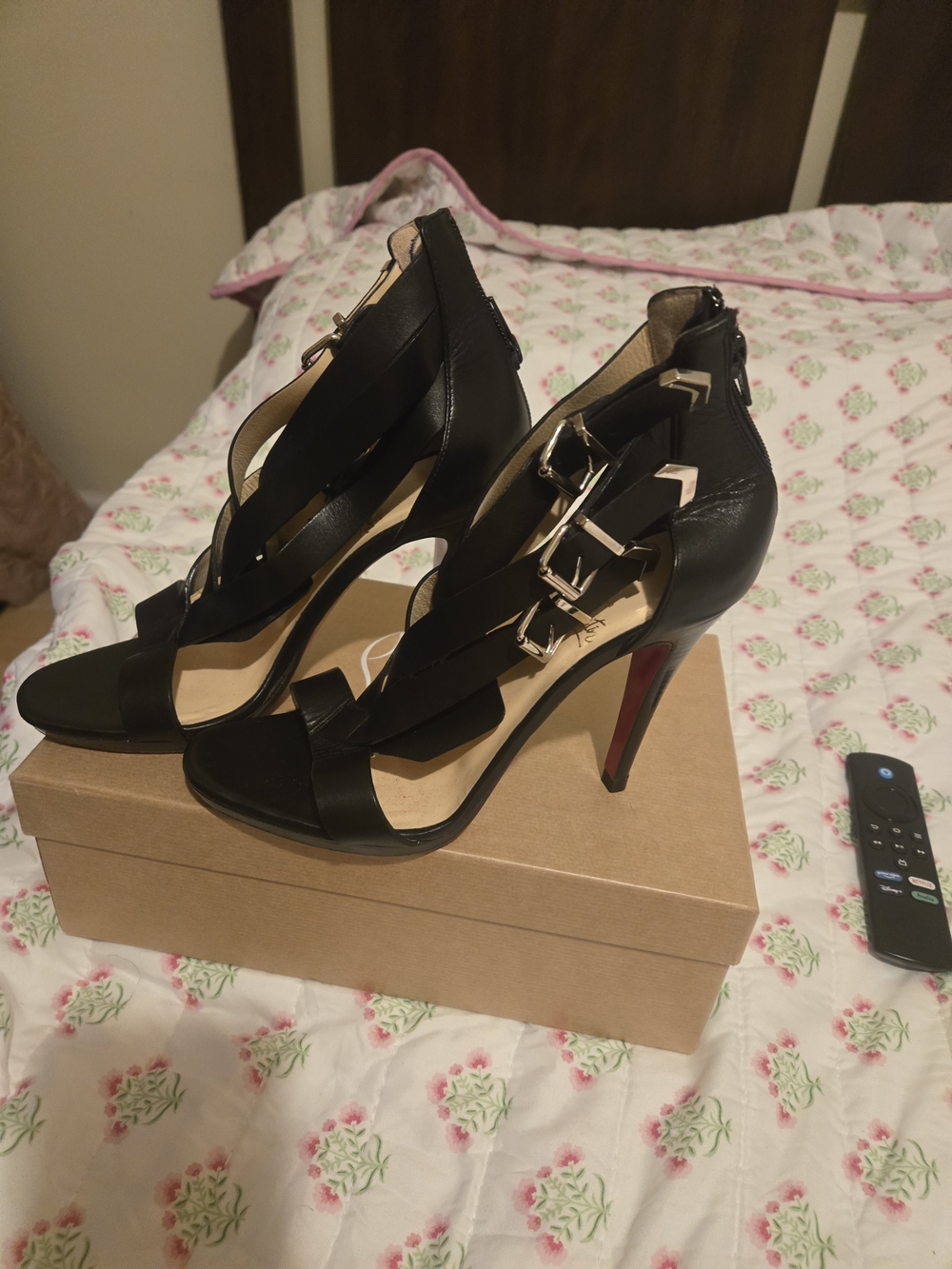 Christian Louboutin Black Strappy Cutout High Heel Sandals with Gold Buckles